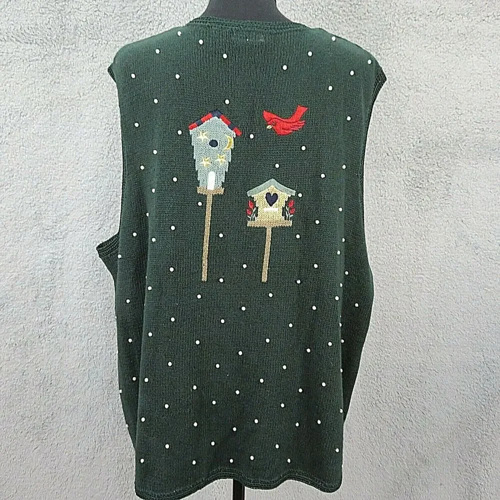 Vtg 90s CJ Banks Sweater Vest Women 1X Knit Bird Houses Green Beads Spring Fall - Picture 2 of 11